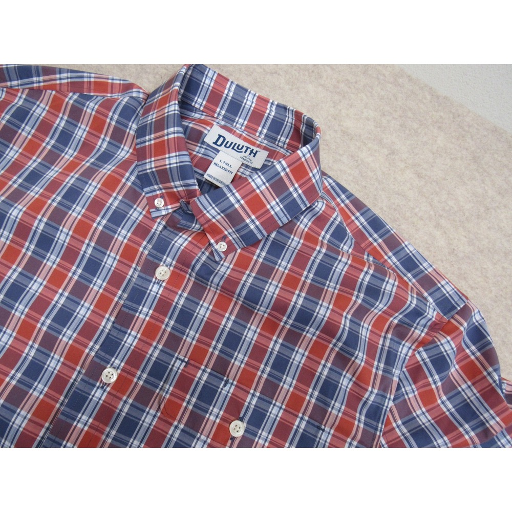 Duluth Trading Co Mens Large Tall Red Blue Plaid Coolmax Relaxed Fit Shirt 38919